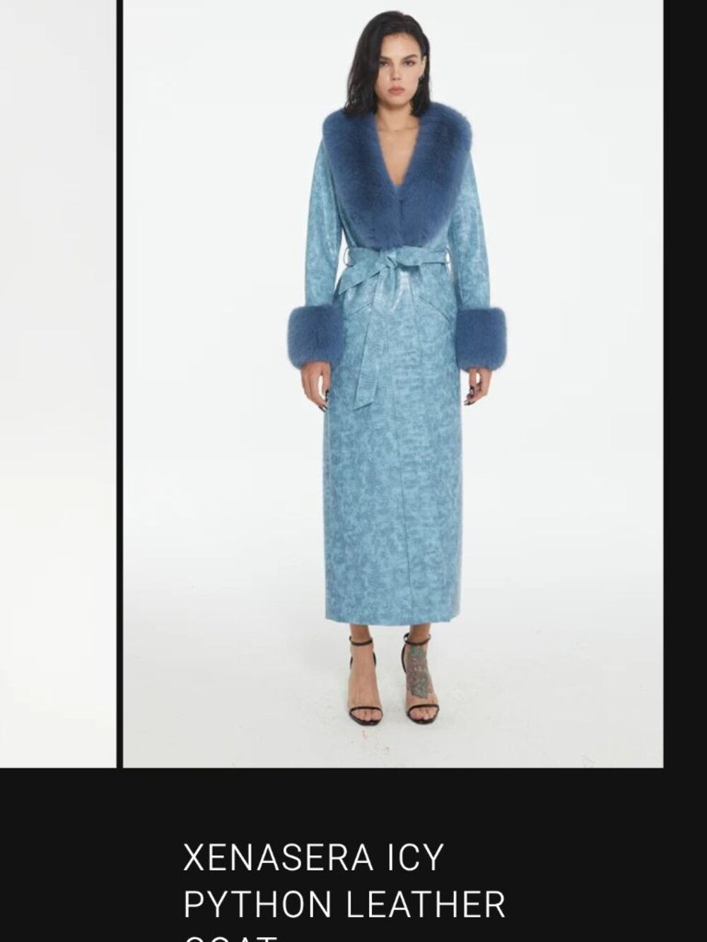 Xenasera Icy Blue Python Embossed Leather Coat with Faux Fur Trim XS